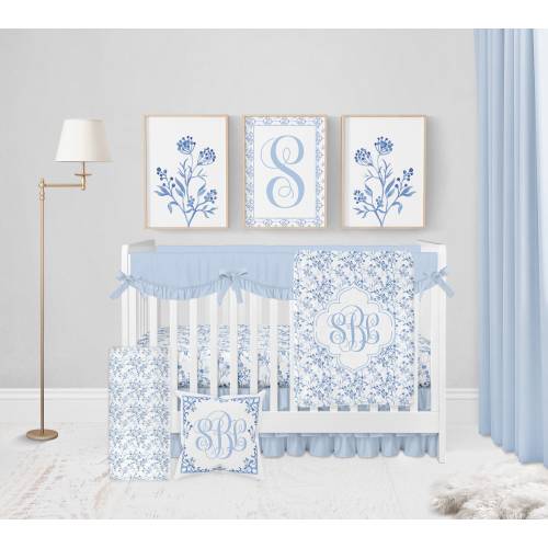 Baby Girl Crib Bedding Set, Blue Toile Crib Bedding, Vintage Floral Blue Crib Bedding For Girl, Vintage Floral Nursery, Girl Nursery Bedding
