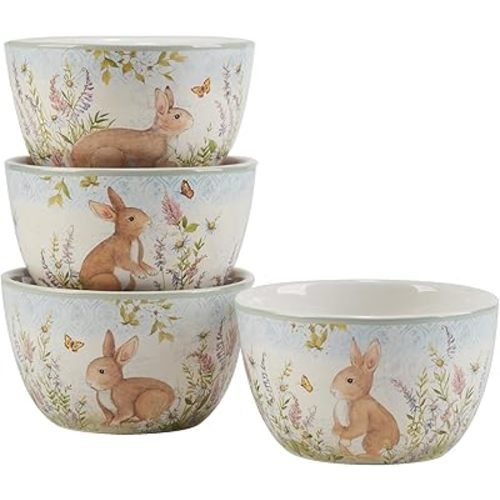 Easter Meadow Set of 4 Ice Cream Bowls, Set of 4, 24oz ceramic bowls with cute bunny, wildflower, and butterfly designs. Microwave and dishwasher safe for easy cleaning.