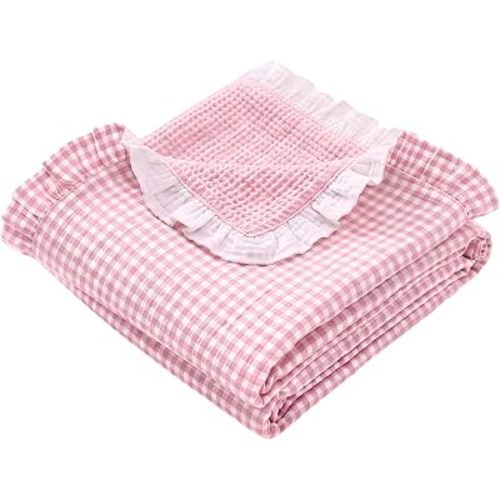 Muslin Baby Blanket Gingham Cotton Swaddle Blanket Newborn 40 x 36in, Pink
