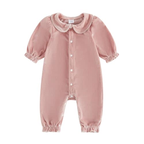 Newborn Infant Baby Girl Romper Velvet Onesie Vintage Fall Winter Clothes | Long Sleeve Peter Pan Collar Snap Button Jumpsuit One Piece Coming Home Outfit, Holiday Festival, Baby Shower Gifts