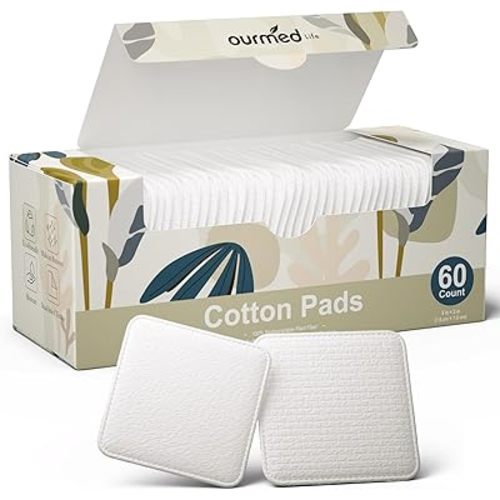 Ourmed Life Large Cotton Pads for Face, Soft & Lint-Free Cotton Rounds with Pressed Seam Design, Durable Facial Cleansing Squares for Face, Ideal Makeup Remover Pads, 3x3 Inch, 60 Count