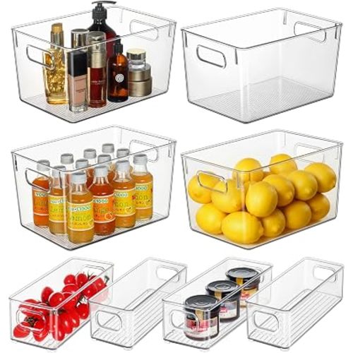 Hudgan Set of 8 Clear Plastic Storage Bins 4 Large and 4 Small Stackable Storage Containers for Pantry Organizers and Kitchen Storage, Cabinet, Freezer, Under Sink Organization