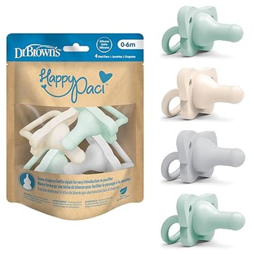 Dr. Brown's HappyPaci 100% Silicone Baby Pacifier, Contoured One-Piece Design, Gray, Green, Ecru, 0-6m, BPA-Free, 4-Pack