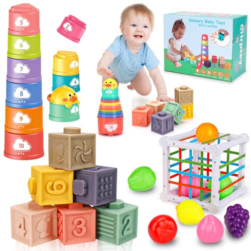 Montessori Baby Toys 6-12-18 Month Infant Stacking Cups Shape Sorter Blocks Sensory Toy for 6 7 8 9 10 11 12 M+ Learning Developmental Age 6-9 9-12 Birthday Easter Basket Gift for 1 Year Old Boy Girl