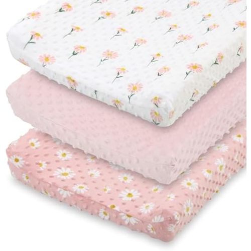The Peanutshell Baby Changing Pad Covers Girl, Minky Changing Table Sheets for Girls, Pink Floral Nursery Decor, Boho Sunflower Daisy