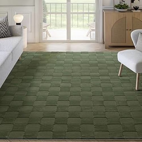 Abani Green Checkered Area Rug - 4' x 6' - Chunky, Plush and Soft Washable Carpet - Perfect for Living Room & Bedroom - Plush Deco Collection