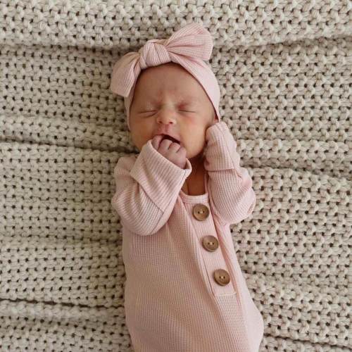 Lovely Pink Waffle Bamboo Newborn Baby Knot Gown & Hat Set