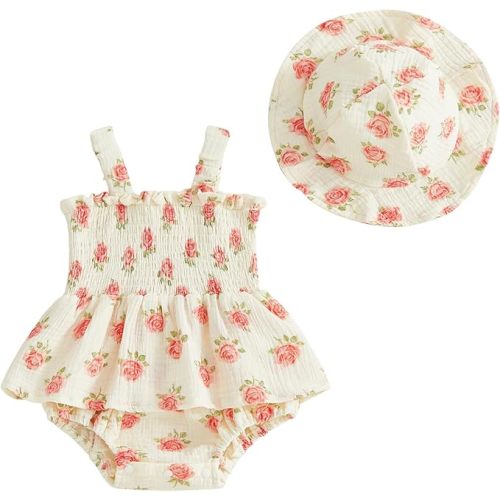 Mubineo Baby Girl Clothes Summer Dress Cotton Linen Romper Sleeveless Smocked Rompers Sun Dress Hat Skirt Boho Outfits