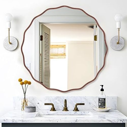 Round Mirror - 24" Modern Wavy Circle Scalloped Mirror for Bathroom, Bedroom, Living Room, Home, House, Office, Entryway (Walnut)