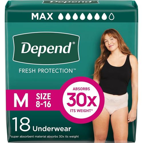 Depend Fresh Protection Adult Diapers, Incontinence & Postpartum Bladder Leak Underwear for Women, Disposable, Maximum, Medium, Blush, 18 Count, Packaging May Vary