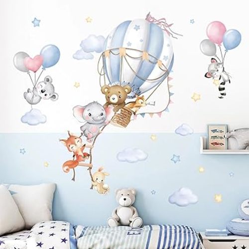 wondever Hot Air Balloon Animals Wall Decals Bear Elephant Wall Stickers