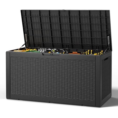 Outdoor Storage Box, Resin Deck Boxes Indoor and outdoor, Waterproof Storage Box Lockable Lid (Black, 101 Gallon)