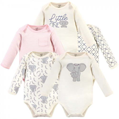 Touched by Nature Baby Girl Organic Cotton Long-Sleeve Bodysuits 5pk, Pink Elephant, 3-6 Months
