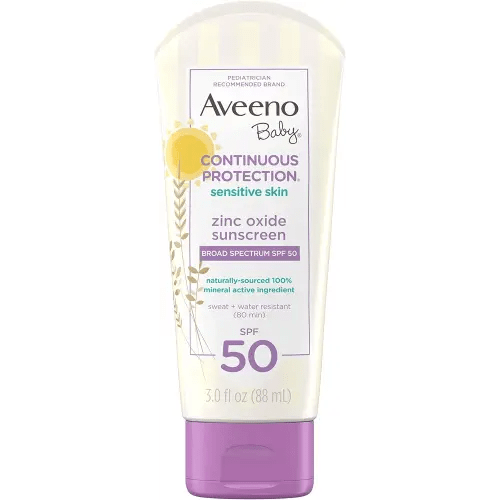 Aveeno Baby Continuous Protection Zinc Oxide Mineral Sunscreen Lotion for Sensitive Skin, Broad Spectrum SPF 50, Tear-Free, Sweat- & Water-Resistant, Paraben-Free, Travel-Size, 3 fl. oz