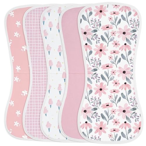 Yoofoss Baby Burp Cloths 100% Organic Cotton 5 Pack Burping Cloths for Babies Boys Girls Large 21''X10'' Extra Soft and Absorbent Flowers