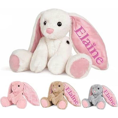 BeneCharm Personalized Bunny Plush Stuffed Animal with Embroideried Name Custom Toddler Stuffed Rabbit Doll Kids Bunnys Plush Toys Personalized Baby Girls Boys Newborn Gifts (Bunny)