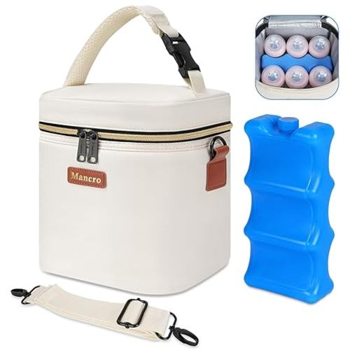 Mancro Breastmilk Cooler Bag with Ice Pack, Fits 6 Insulated Baby Bottles Up to 9 Ounce, Breast Milk Cooler for Nursing Mom (Cream)