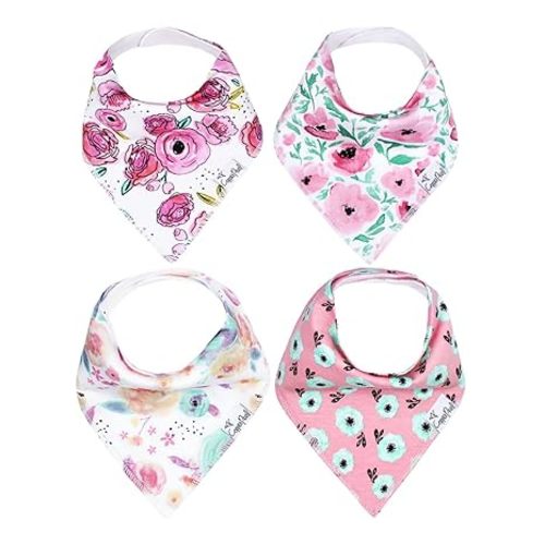 Copper Pearl 4 Pack Soft Cotton Baby Bibs for Drooling and Teething, Absorbent Drool Bibs for Baby Girl and Boy, Adjustable to Fit Newborns to Toddlers, Tons of Styles (Bloom)