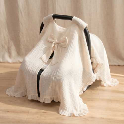Baby Car Seat Ruffle Trim Canopy Cover | Cotton Bow Baby Stroller Sun Shade | Elegant Baby Girl Shower Gift