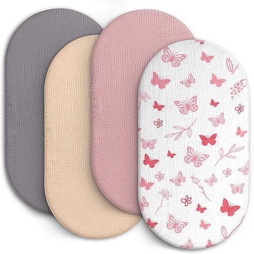 IOCCLH 100% Muslin Baby Bassinet Sheets for Baby Boy Girls,4-Pack Fitted Bassinet Sheets Set Compatible with Halo Bassinest Swivel Sleeper,Baby Delight,Angelbliss,32"X16" (Pink Butterfly)
