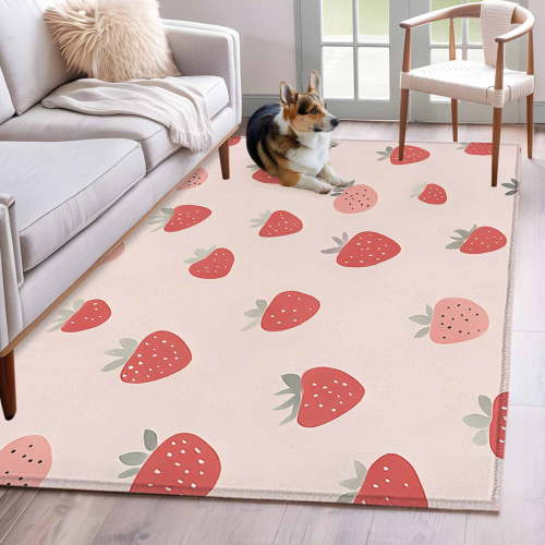 Strawberry Area Rug 3x5 Washable Rug Non Slip Pink Red Fruits Summer Food Large Area Rug Indoor Floor Carpet for Entryway Bedroom Kitchen Living Room Home Office Dining Room Nursery