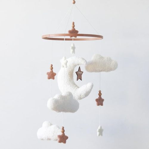 Cloud Crib Mobile for Girls & Boys, Boucle Cloud Baby Mobile for Crib Neutral Boho Nursery Mobile, Stars and Moon