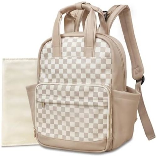 miss fong Small Diaper Bag - Baby Diaper Bag Backpack Checkered Diaper Bag with Changing Pad Baby Backpack for Travel Daycare Mommy Diaper Backpack for Mom & Dad-White&Beige