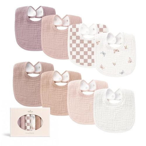 Konssy 8-Pack Muslin Baby Bibs, Adjustable Fit for Drooling and Teething