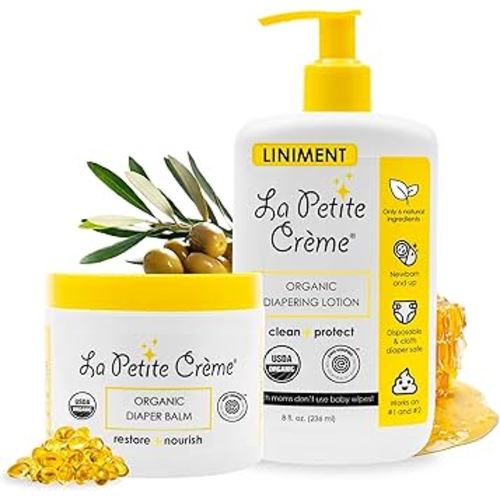 La Petite Creme French Premium Diapering Lotion (8 oz) and Organic Diaper Balm (4 oz) - Healing and Nourishing Diaper Cream, Gentle & Safe Liniment Baby Lotion - USDA & EWG Certified - Baby Essentials