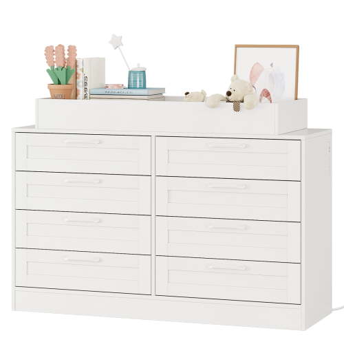 Modern 8 Drawer Nursery Dresser with Changing Table Top, Safety Shelf Diaper Changing Station for Bedroom - White