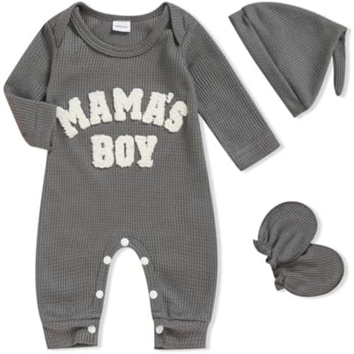 GRNSHTS Newborn Baby Boy Romper Coming Home Outfits Letter Print Bodysuit Jumpsuit+Hat+Gloves 3PCS Clothes Set
