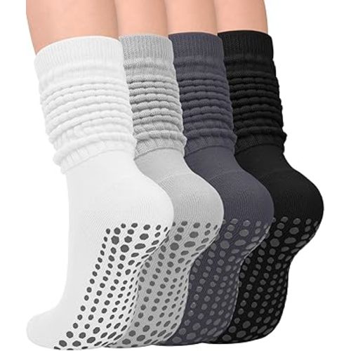 yeuG 4 Pairs Grip Pilates Socks for Women Yoga Slouch Socks with Grips for Barre Grippy Socks Long Scrunch Slipper Socks