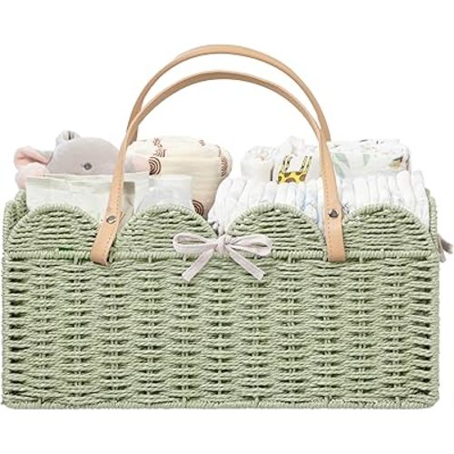 HBlife Large Baby Diaper Caddy, Paper Rope Scalloped Storage Baskets Nursery Bin with Removable Divider, Portable Car Organizer for Diapers, Baby Shower Gifts, Newborn Essentials Must Haves, Green