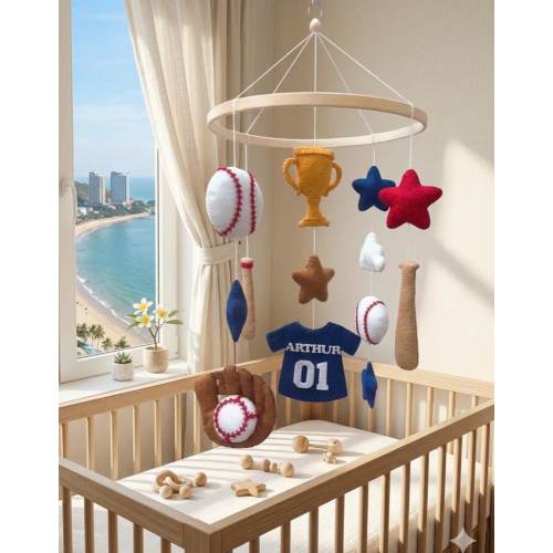 Baseball Crib Mobile for Boy Nursery, Handmade Felt Sports Baby Mobile, Baby Shower Gift, Baseball Nursery Decor