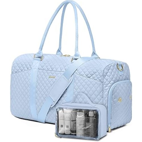 Women Weekender Travel Duffle Bag: Travel Duffel Overnight Bags with Shoe Compartment Large Carry on Tote with Toiletry Bag Weekend Traveling Yoga Gym Hospital Bag for Women with Wet Pocket Light Blue