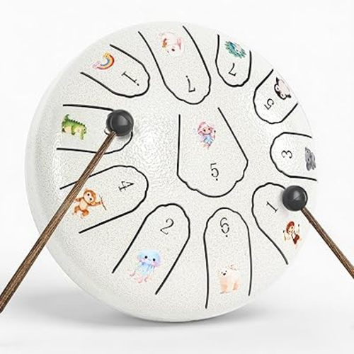 Steel Drum 6-Inch 11-Note, Rain Drum for Outside Garden, C Major Kids Steel Tongue Drum with DIY Cartoon Stickers, Meditation Drum Soothing Instrument for Musical Exploration & Relaxation (White)
