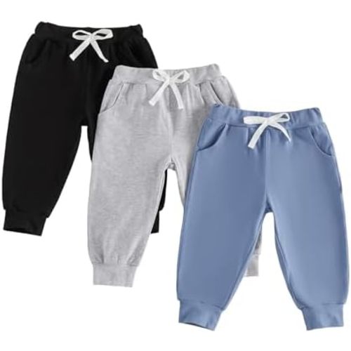 ZAXARRA 3-Pack Jogger Pants with Pockets Toddler Baby Boys Solid Color Long Athletic Trousers Infant Newborn Sweatpants