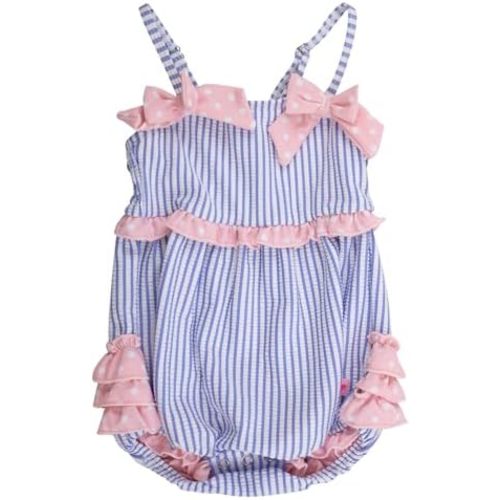 RuffleButts Baby Girls UPF50+ Seersucker One Piece Bow Bubble Romper Swimsuit