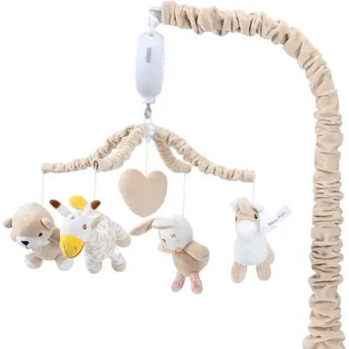 Musical Crib Mobile with 12 Lullabies, Rotating Arm and Detachable Plush Toys, Unisex Clip On Mobile for Standard Cribs, Baby Safe Materials for Sensory Development & Early Growth