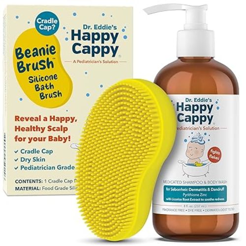 Happy Cappy Cradle Cap Medicated Shampoo and Body Wash with Beanie Brush - Baby Dandruff Shampoo, Helps Infants with Seborrheic Dermatitis, Dermatologist Tested, Fragrance-Free, Gentle Baby Scalp Scrubber - 2 Pieces