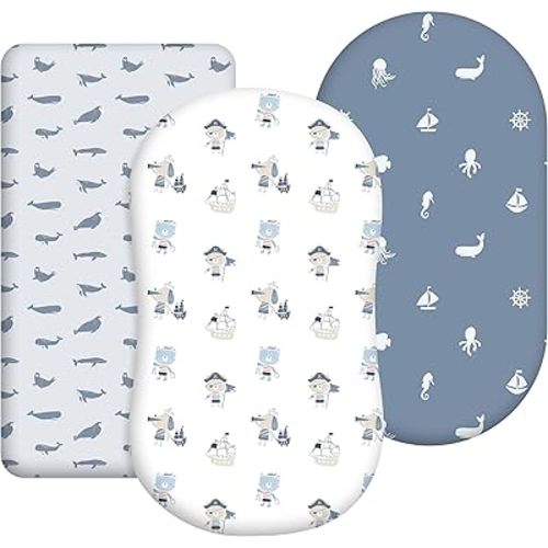 Baby Bassinet Sheets Girl Boy, Stretch Fitted Bassinet Sheet Set 3 Pack Bassinet Mattress Sheets Universal Fit for Rectangle, Round, Oval, Hourglass Mattress, Soft Breathable Blue Ocean Sailor