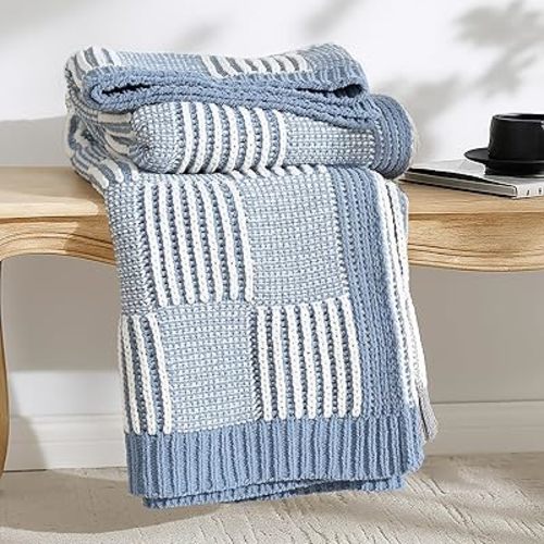 Amélie Home Checkered Knit Throw Blanket for Couch, Chenille Texture Decorative Soft Blanket for Sofa & Chair, 50"x60", Blue & White
