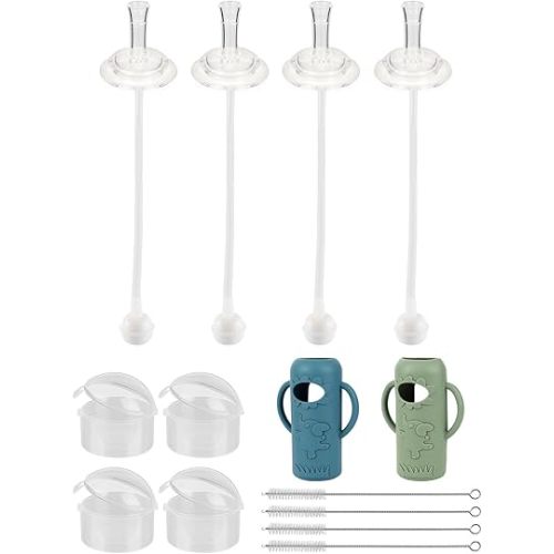 Straw Cup Conversion Kit with Silicone Sleeves for Dr. Brown's Narrow Glass Baby Bottle 8oz,Weighted Straw Replacement Kit with Soft Straw Top and Handle,6m+,Set of 4