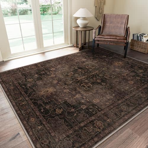 GENIMO 8x10 Washable Area Rugs for Living Room, Non Slip, Dark Brown | Large Vintage Floral Rug, Stain Resistant, Low Pile and Lightweight for Bedroom, Dining Room and Home Office