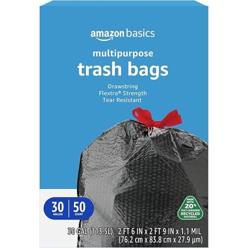 Amazon Basics 30 Gallon Flextra Strength Multipurpose Drawstring Trash Bags, 20% Post Consumer Recycled, 50 count