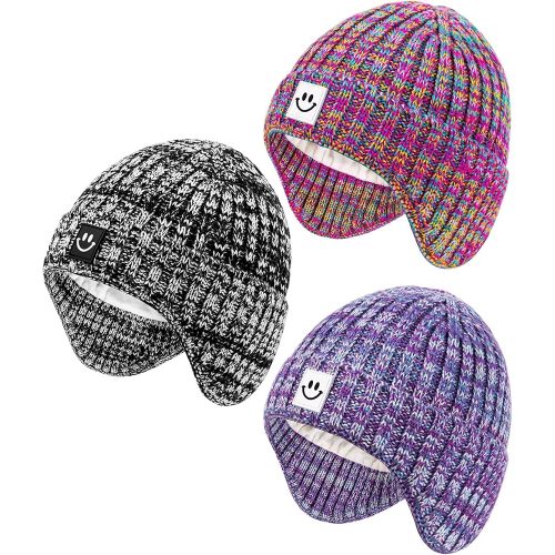3 Pack Baby Beanie Hats with Earflaps, 2 Size Baby Winter Hat for Infant Toddler Kids, Fleece Lined Knit Hat for Girls Boys