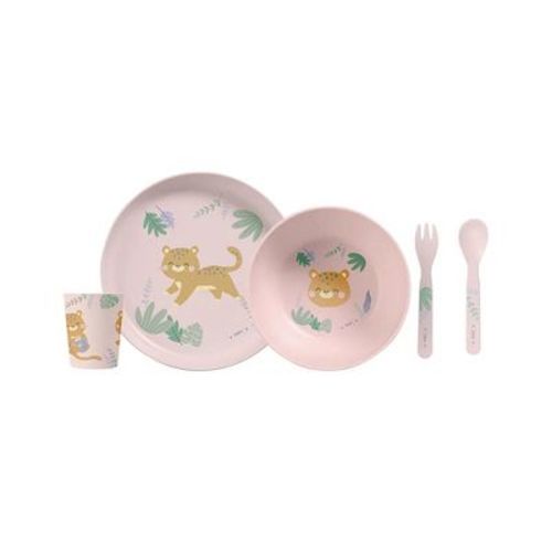 SARO “Jungle Cheetahs” 5-Piece Kids Feeding Set - Pink: Toddler Dinnerware for Self-Feeding Development