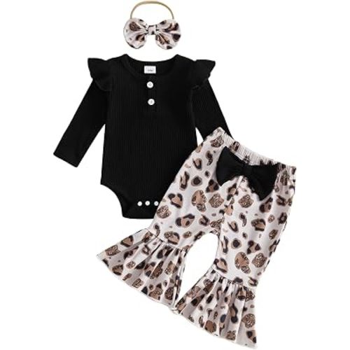 fhutpw Newborn Baby Girl Clothes Rib Frill Romper Leopard Flared Pants Set