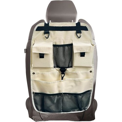 Car Seat Back Organizer with Multiple Storage Pockets, Black Mesh and Fabric, Universal Fit (beige)
