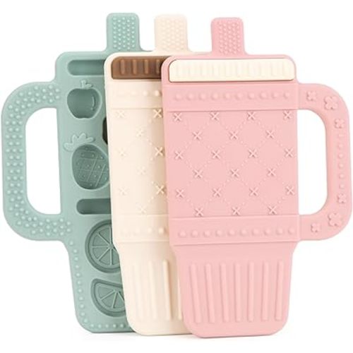 Lulyboo Sip & Soothe Silicone Teether 3 Pack - Food-Grade Soft Silicone, Textured Fruit-Shaped Teething Toys with Easy-Grip Handles for Sensory Development, Soothing Relief, Portable & Easy Clean